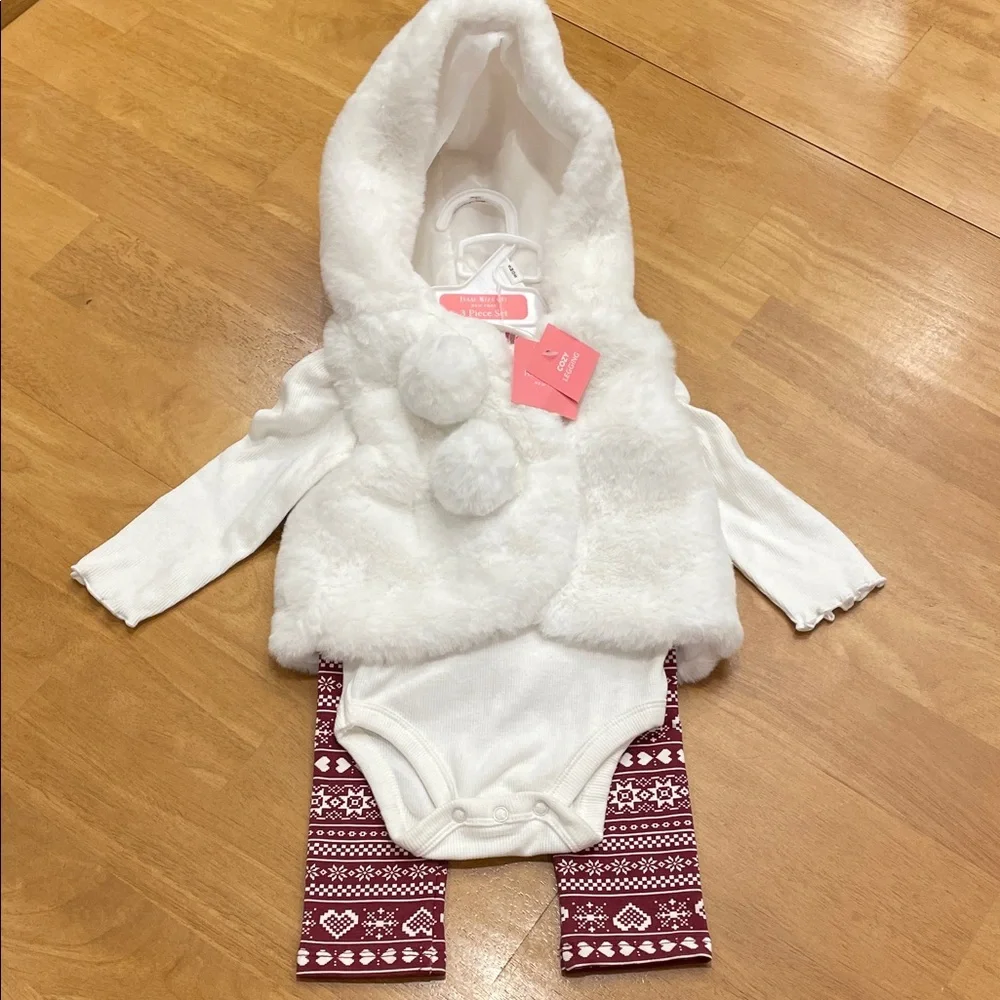 Isaac Mizrahi 3pc White Fur Hooded Vest Body Suit Red Leggings Baby 3-6 months